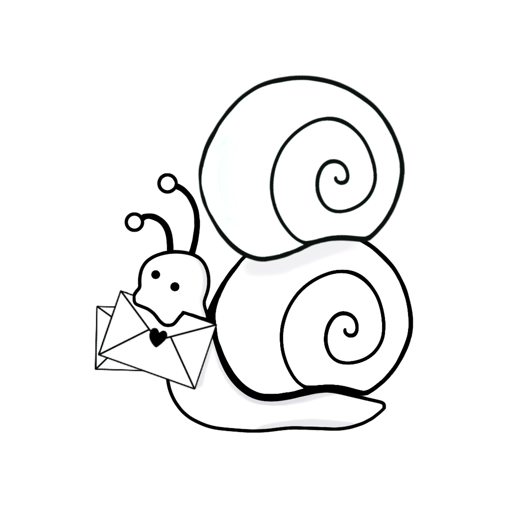 Trudel die Schnecke mit einem Brief im Mund und einem zweiten Schneckenhaus auf ihrem Haus